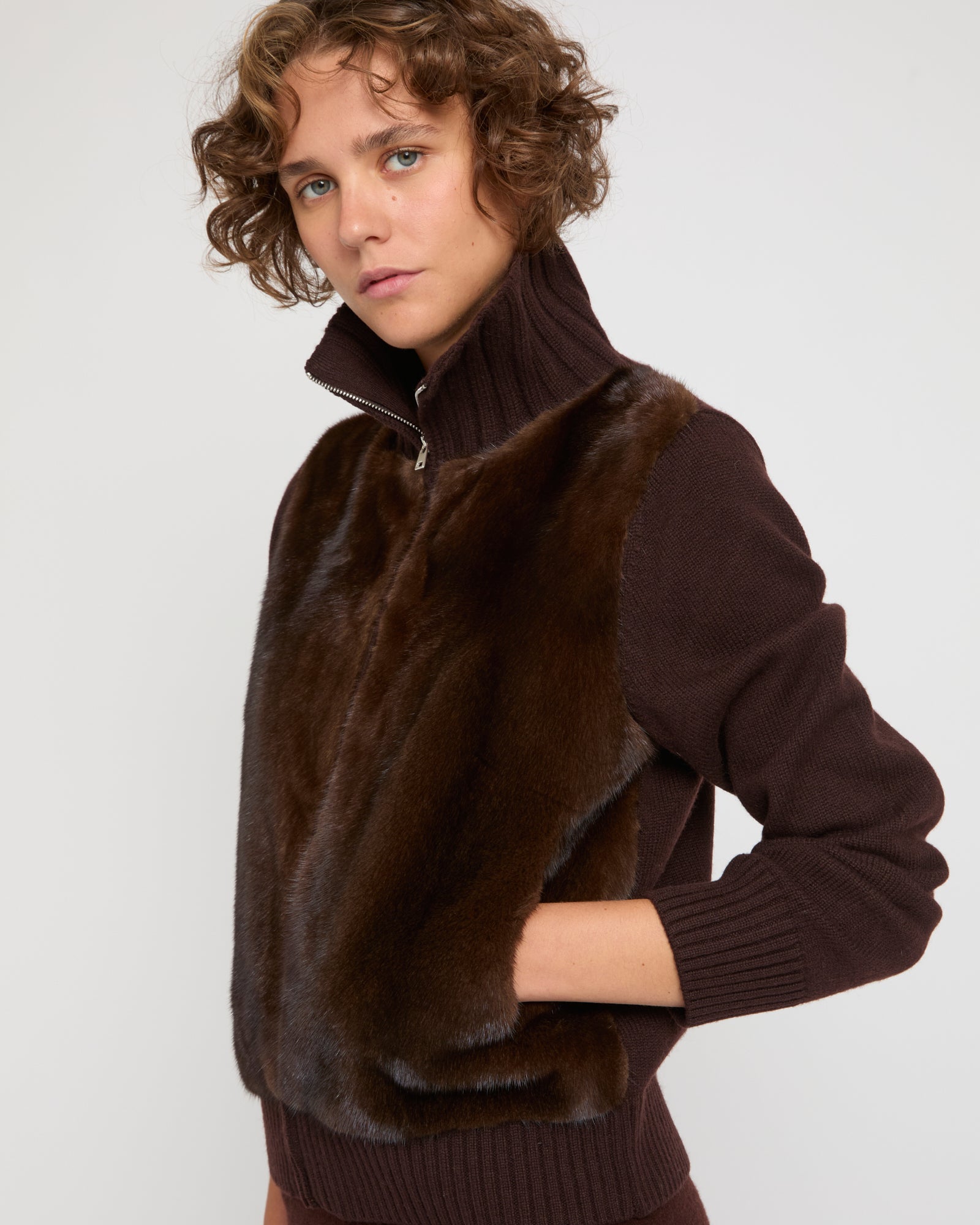 Mink fur & Merino knit jacket - Brown - Yves Salomon