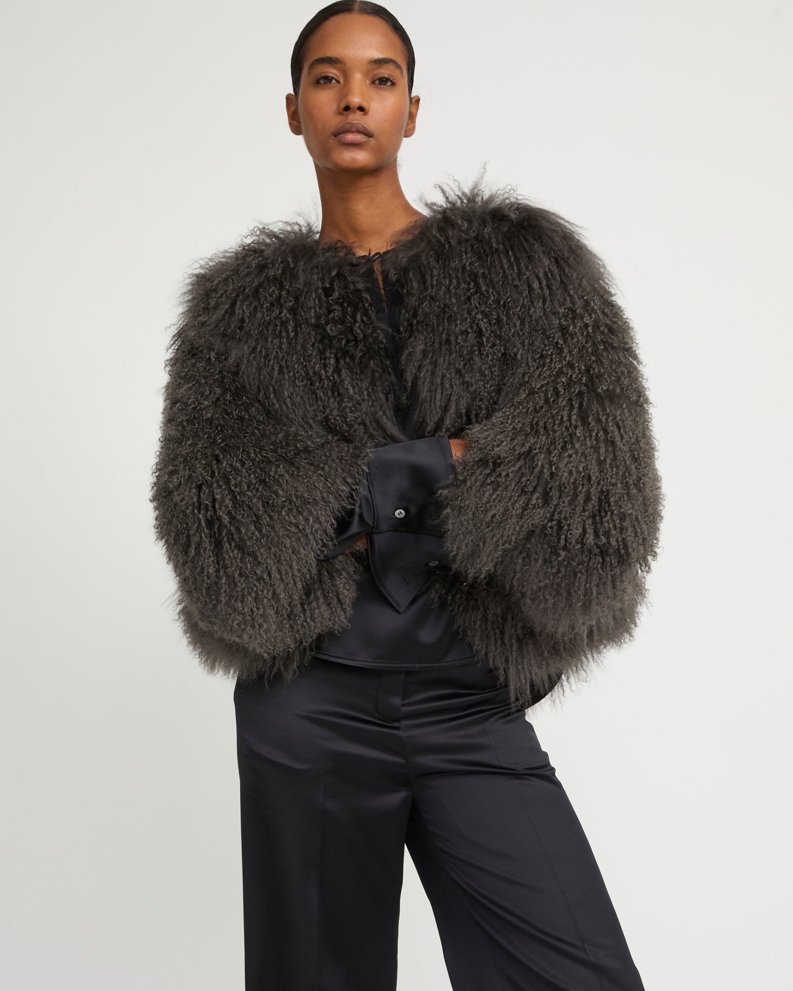 Winter sale -Short jacket in Mongolian lamb-grey – Yves Salomon