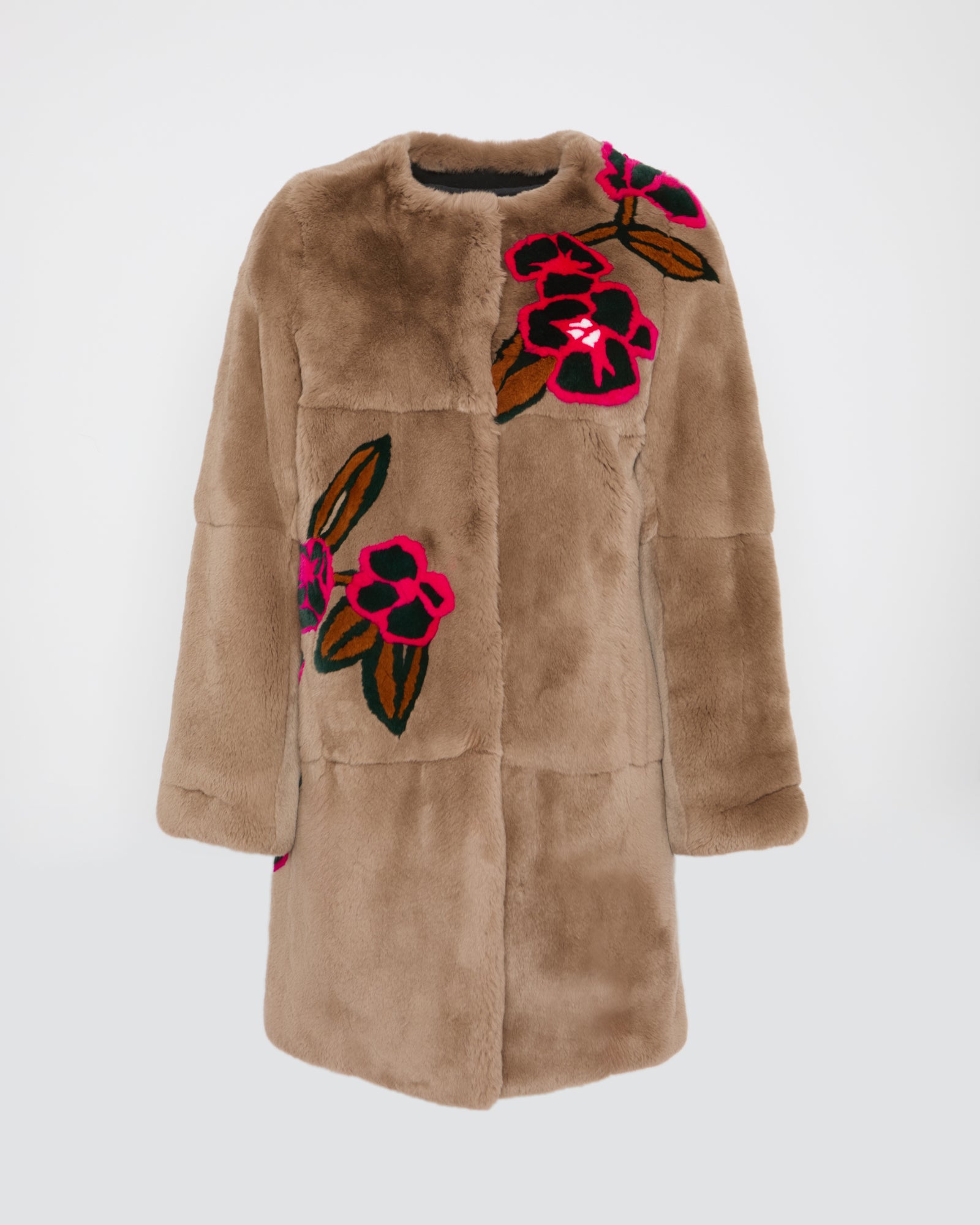 Winter sale -Long Rex rabbit coat with floral motif-brown – Yves