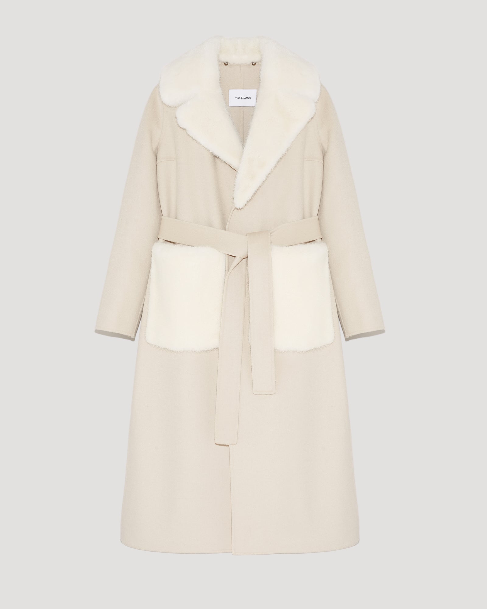 Manteau long cachemire et fourrure de vison beige/blanc Yves