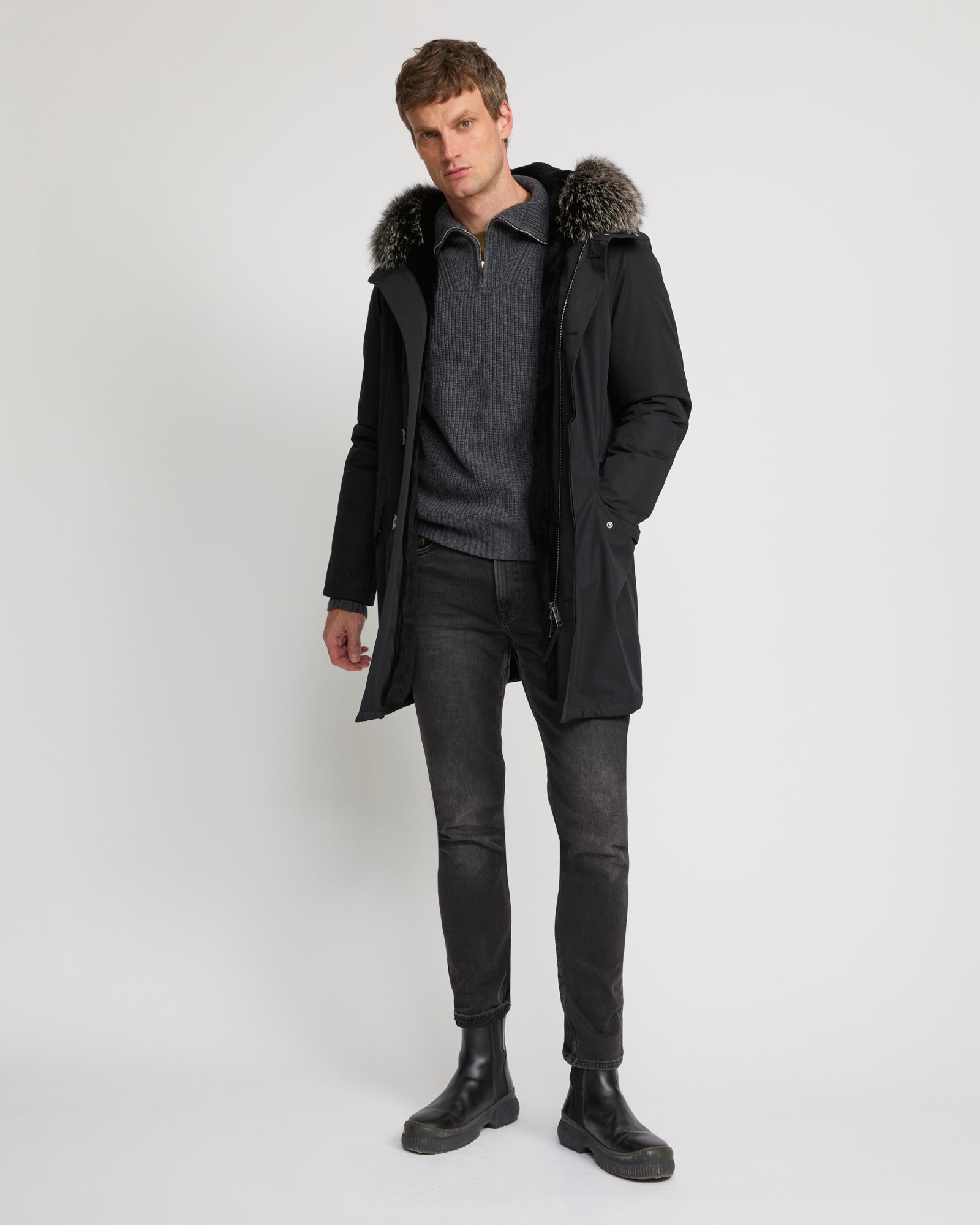 YVES SALOMON 毛皮　ファーロングコート Iconic Cotton Blend & Fur Parka - grey - Yves Salomon – Yves