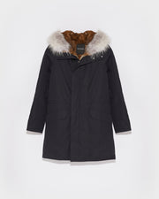 Parka iconique longue en coton technique avec fourrure de coyote et lapin