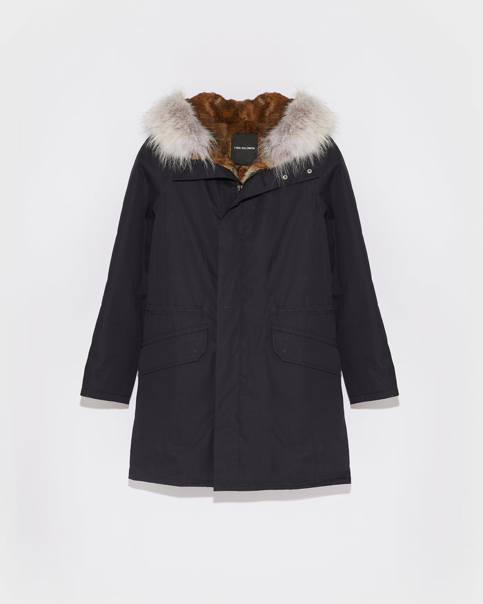 yves salomon Parka iconique longue en coton technique avec fourrure de coyote et lapin