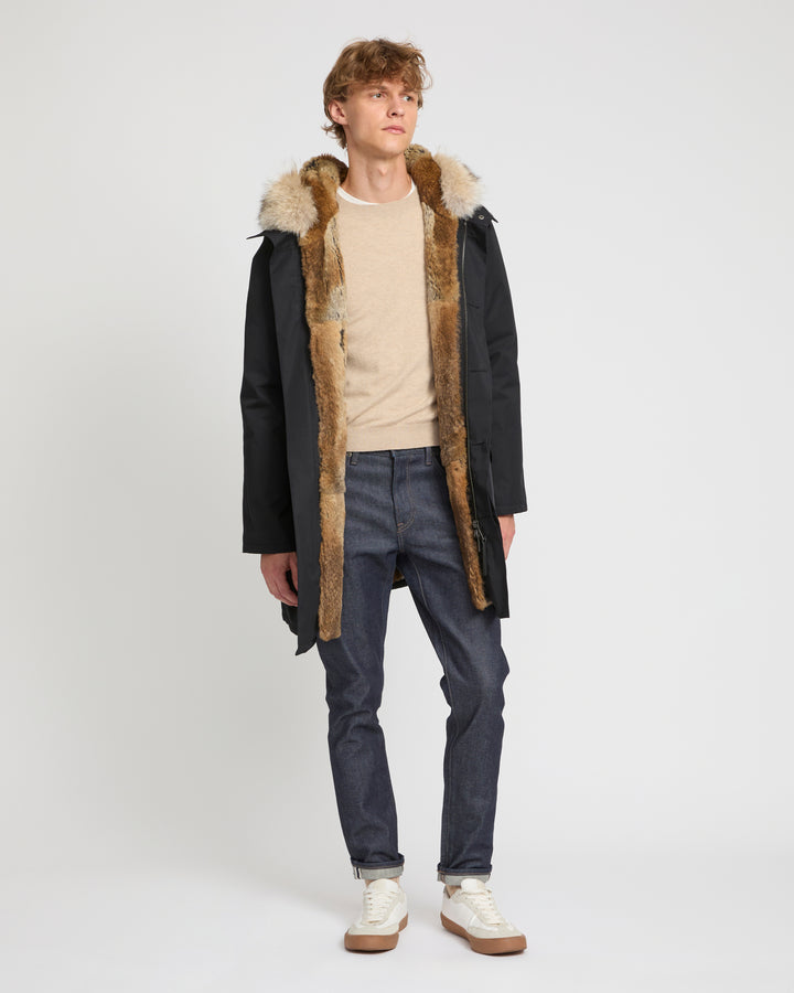 Parka iconique longue en coton technique avec fourrure de coyote et lapin