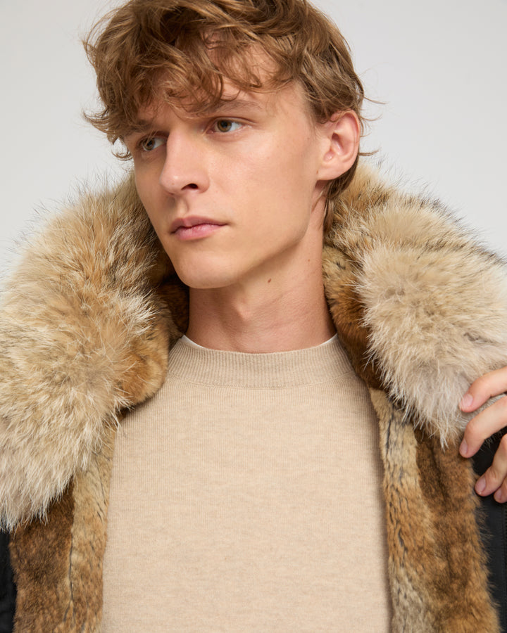 Parka iconique longue en coton technique avec fourrure de coyote et lapin