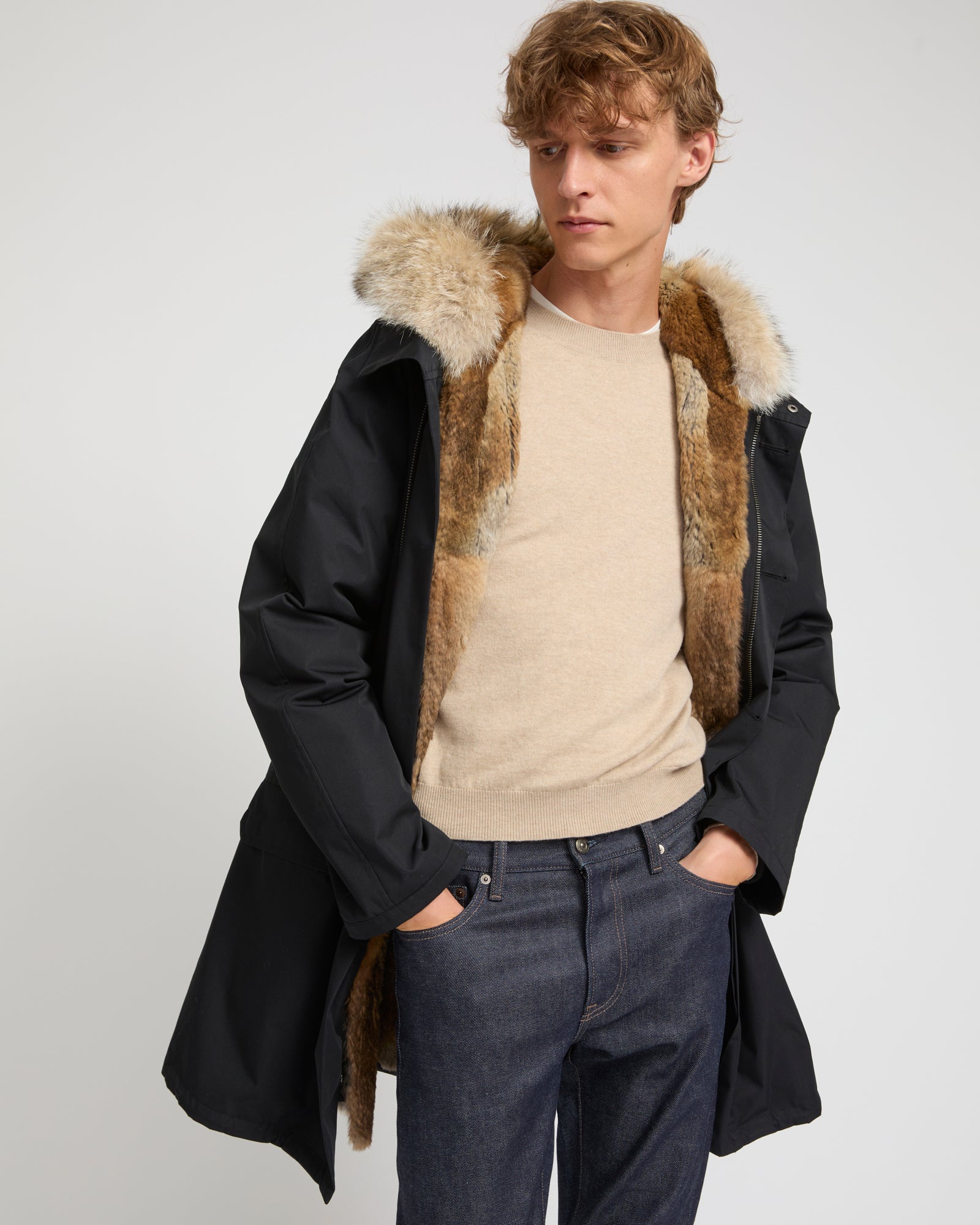 YVES SALOMON　ファージャケット　コヨーテ　ブラック　フランス製　46 Long iconic parka in cotton & fur - black - Yves Salomon Men