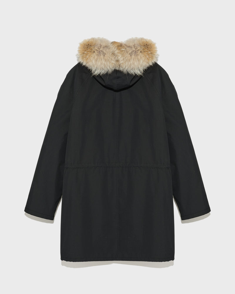 Parka iconique longue en coton technique avec fourrure de coyote et lapin