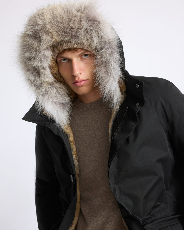 Parka iconique longue en coton technique avec fourrure de coyote et lapin - Yves Salomon - Nouvelle collection Automne Hiver