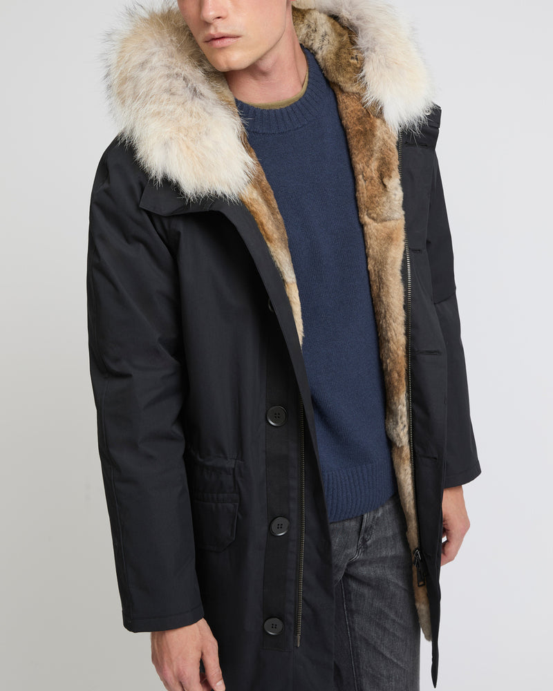 Parka iconique longue en coton technique avec fourrure de coyote et lapin