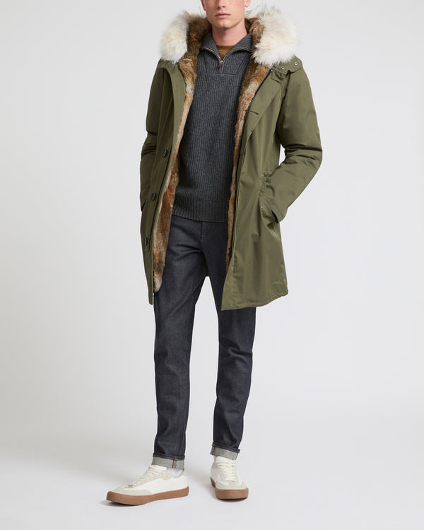 Parka iconique longue en coton technique avec fourrure de coyote et lapin