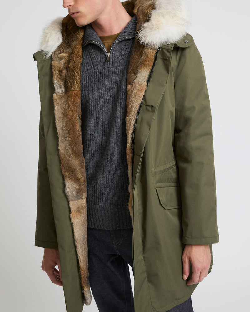 Parka iconique longue en coton technique avec fourrure de coyote et lapin