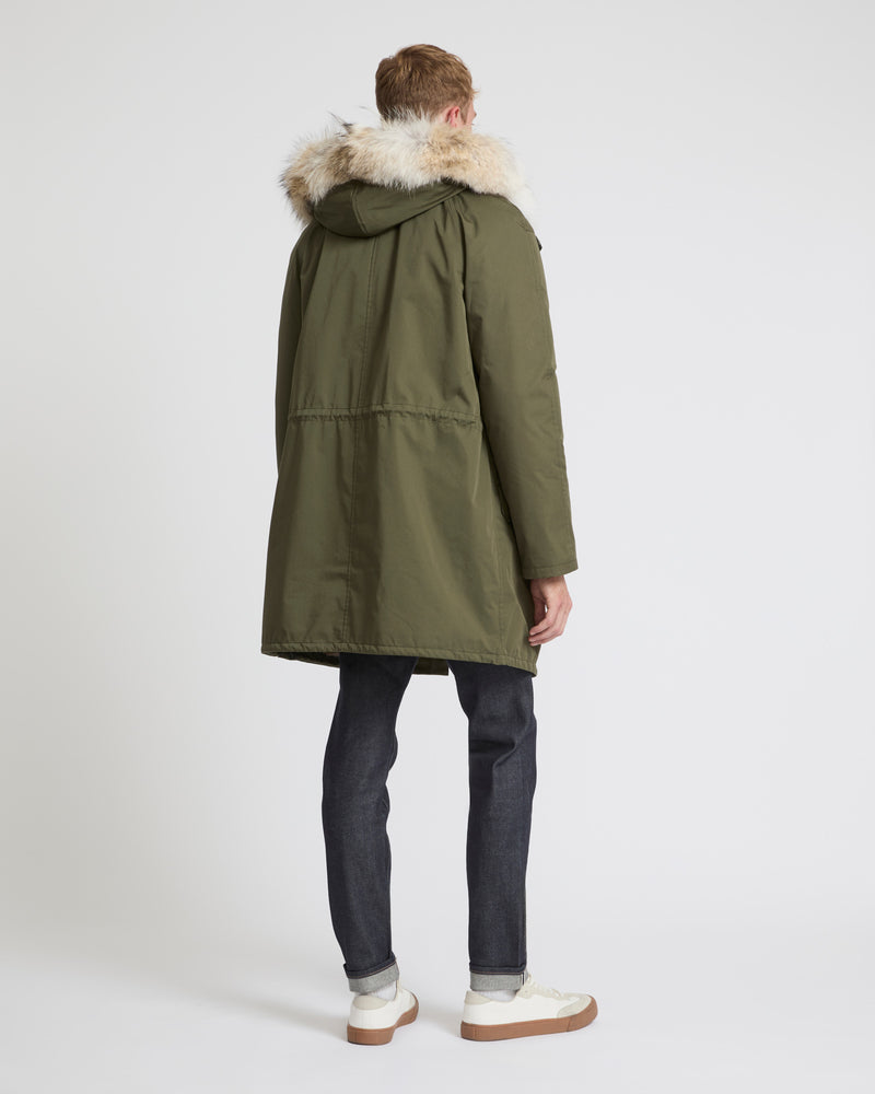 Parka iconique longue en coton technique avec fourrure de coyote et lapin