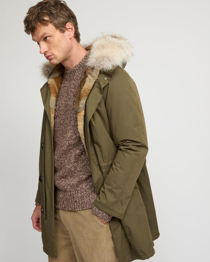 Long Iconic parka in technical cotton with coyote and rabbit fur