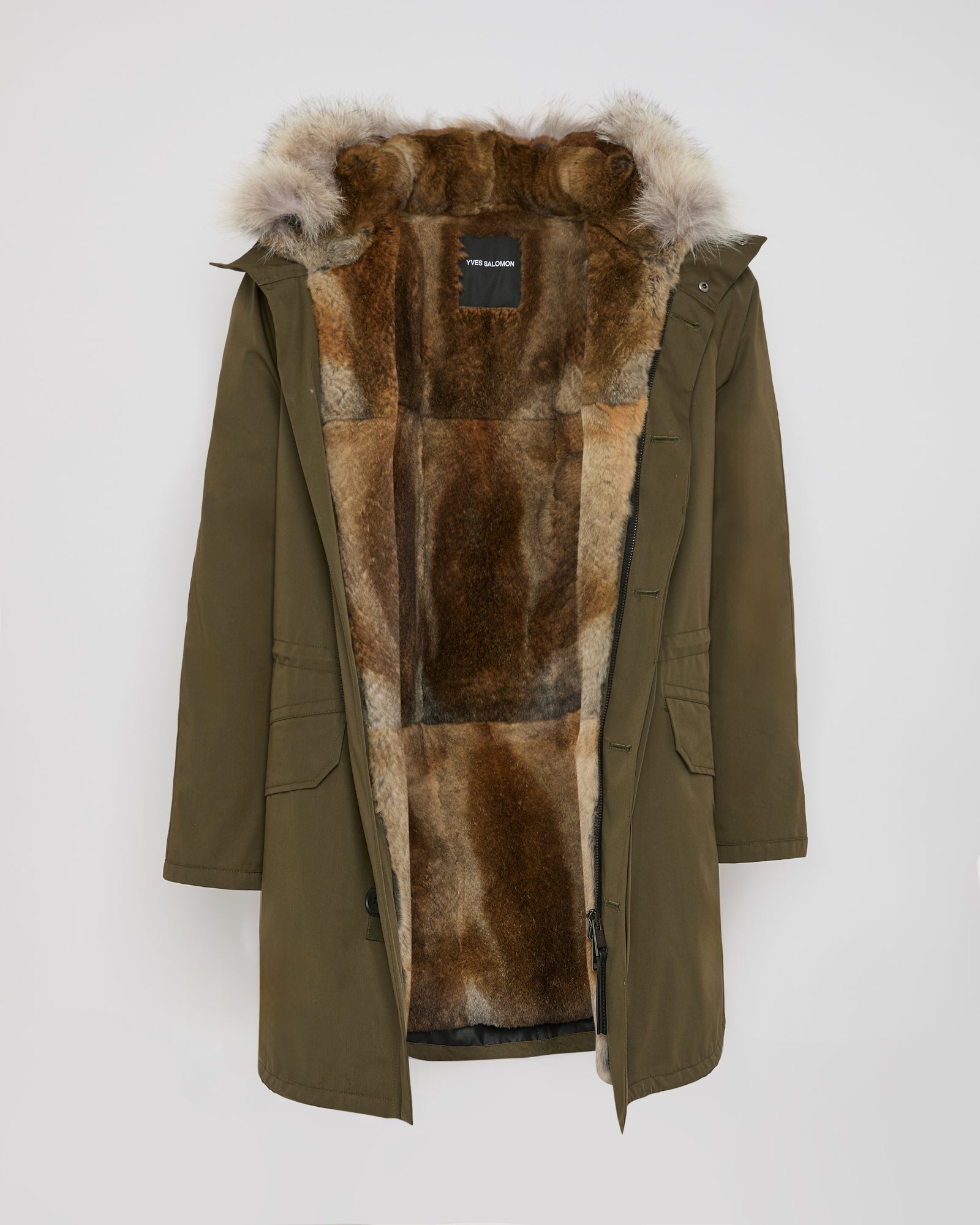 YVES SALOMON　ファージャケット　コヨーテ　ブラック　フランス製　46 Long iconic parka in cotton & fur - black - Yves Salomon Men