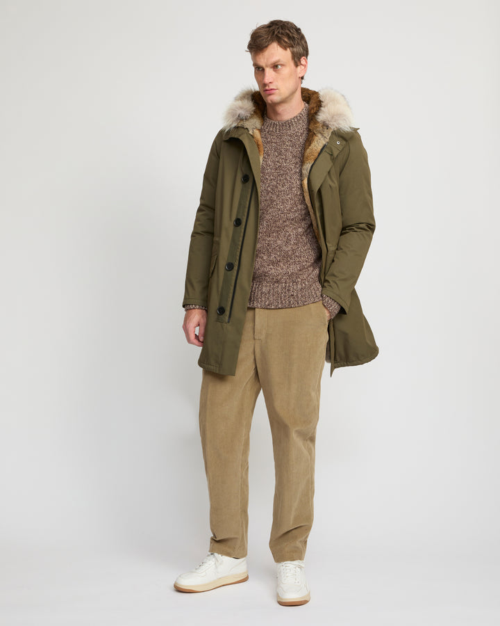 Long Iconic parka in technical cotton with coyote and rabbit fur