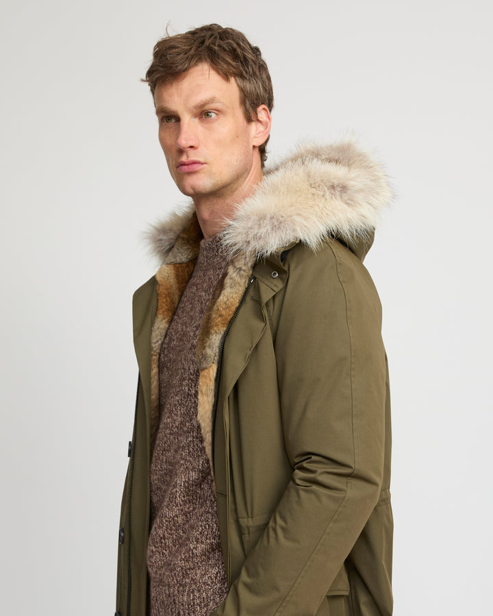 Long Iconic parka in technical cotton with coyote and rabbit fur