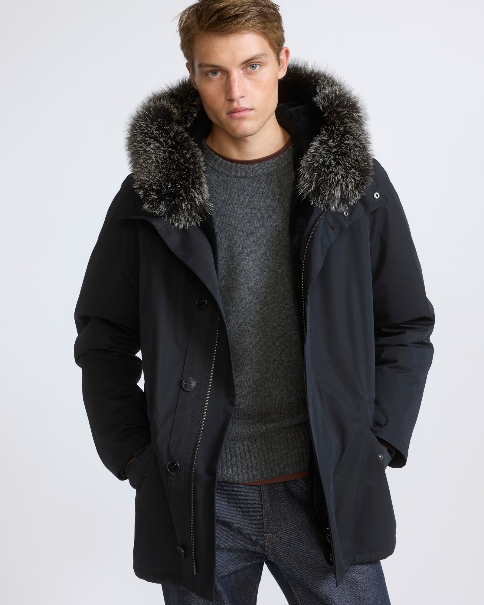 Parka iconique courte en coton mélangé imperméable avec fourrure de renard et de lapin