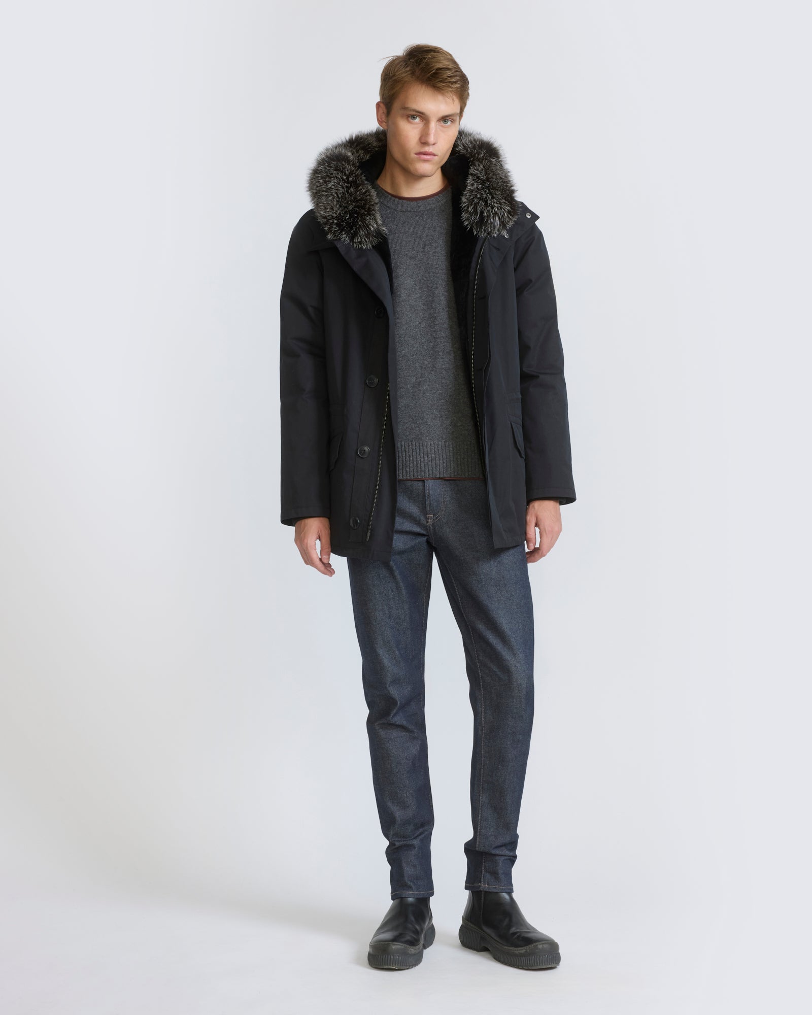 Parka iconique courte en coton mélangé imperméable avec fourrure de renard et de lapin