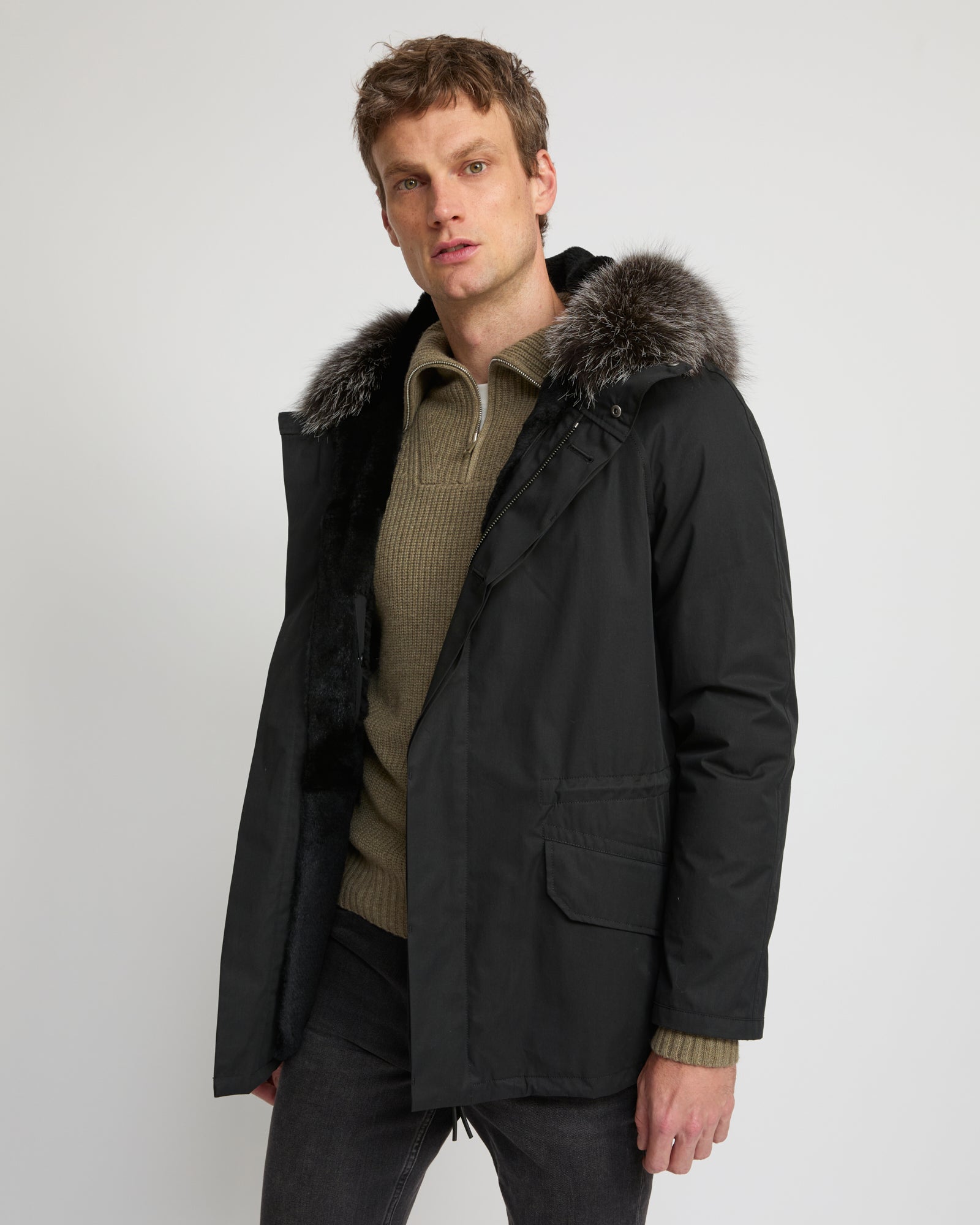 Short Iconic parka in waterproof cotton blend with fox and rabbit