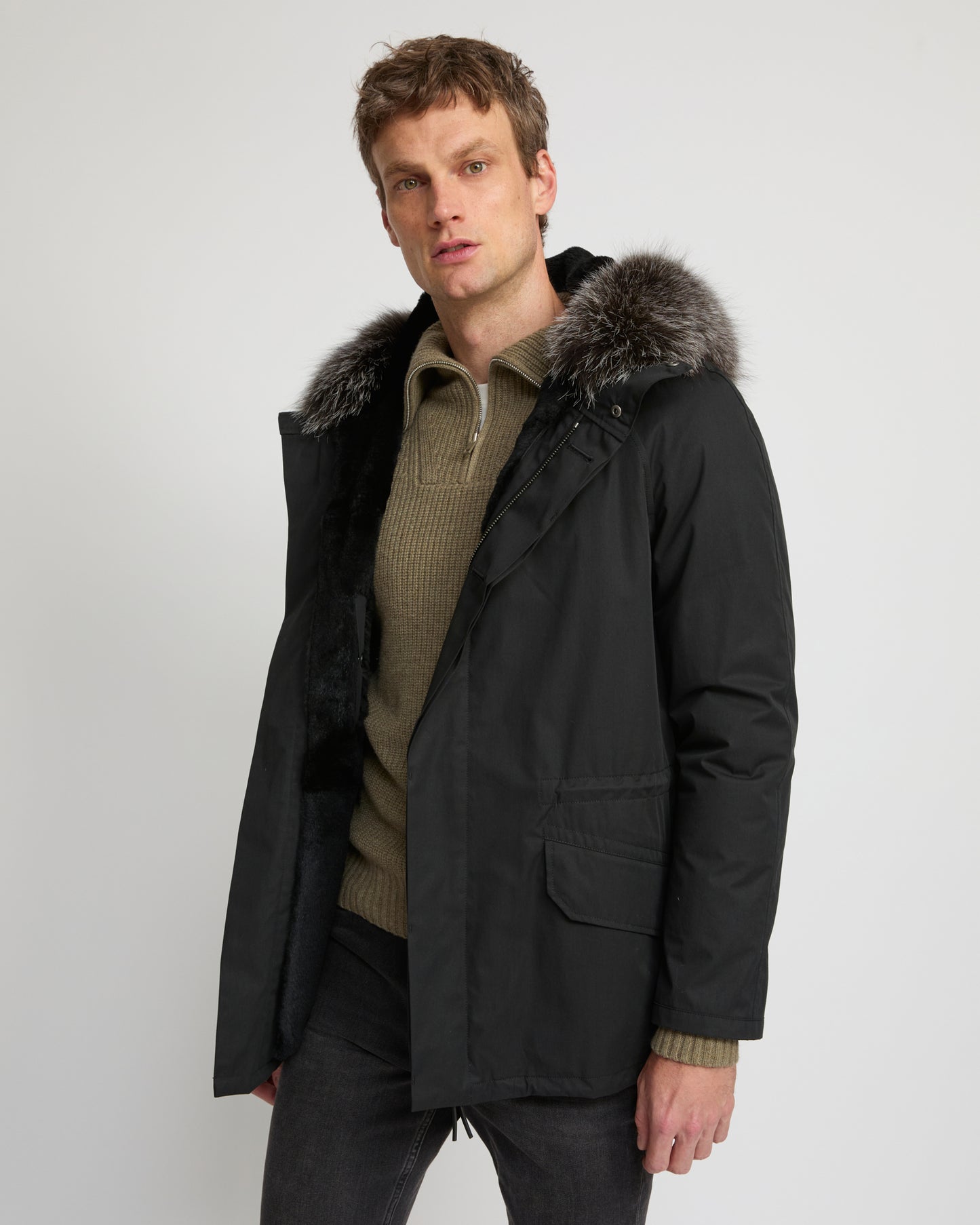 Parka iconique courte en coton mélangé imperméable avec fourrure de renard et lapin