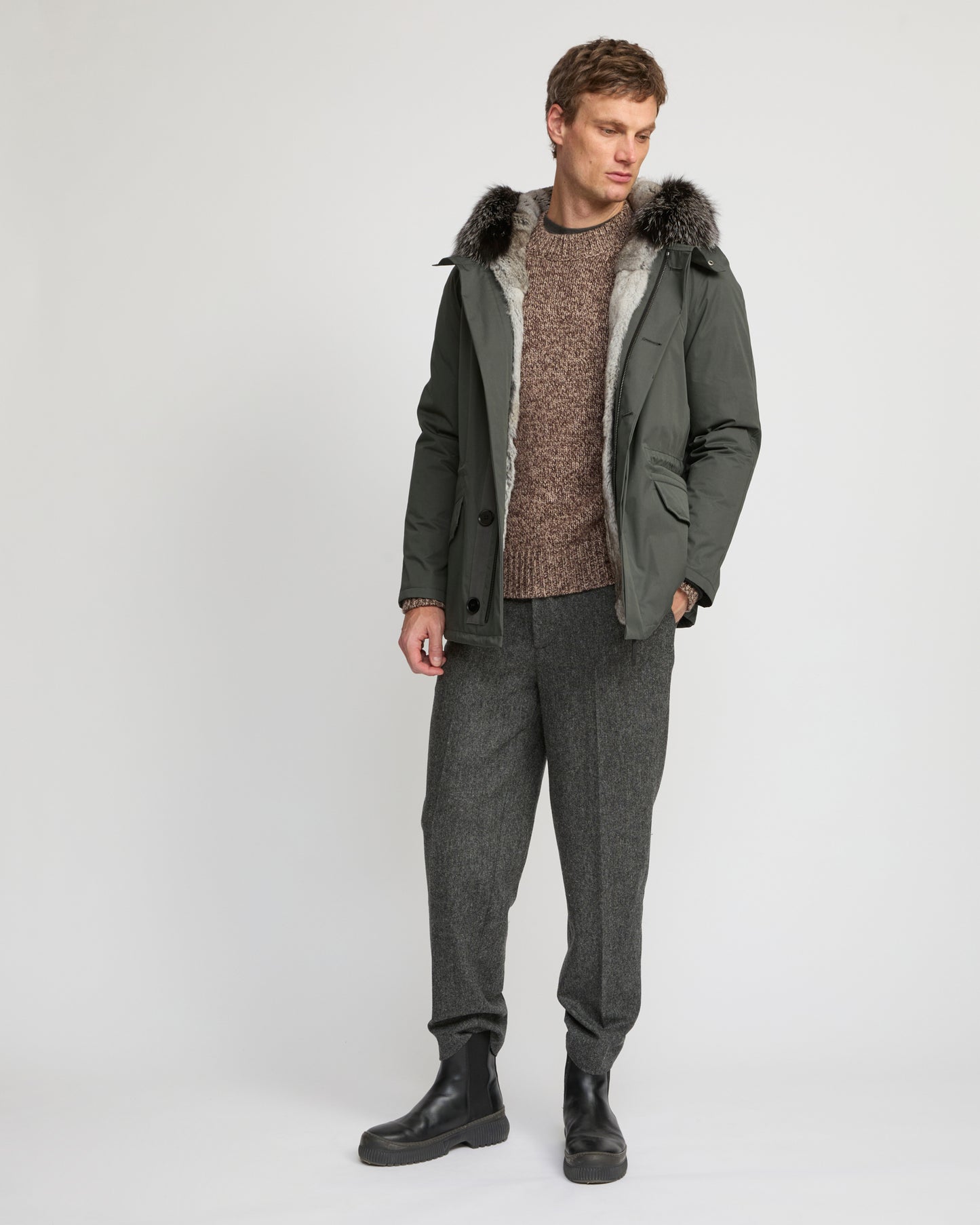 Parka iconique courte en coton mélangé imperméable avec fourrure de renard et lapin