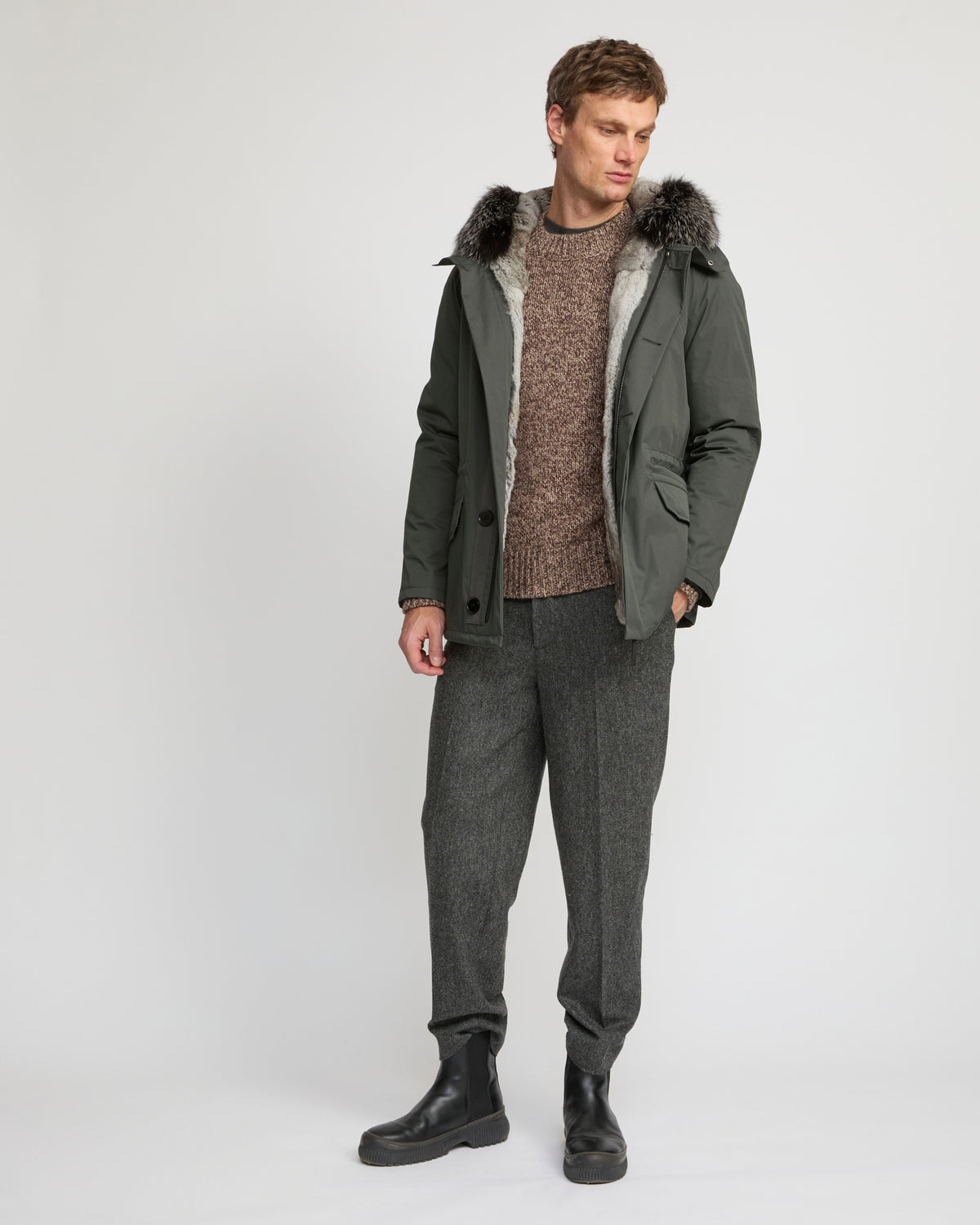 Short iconic parka in waterproof cotton blend with fox and rabbit fur