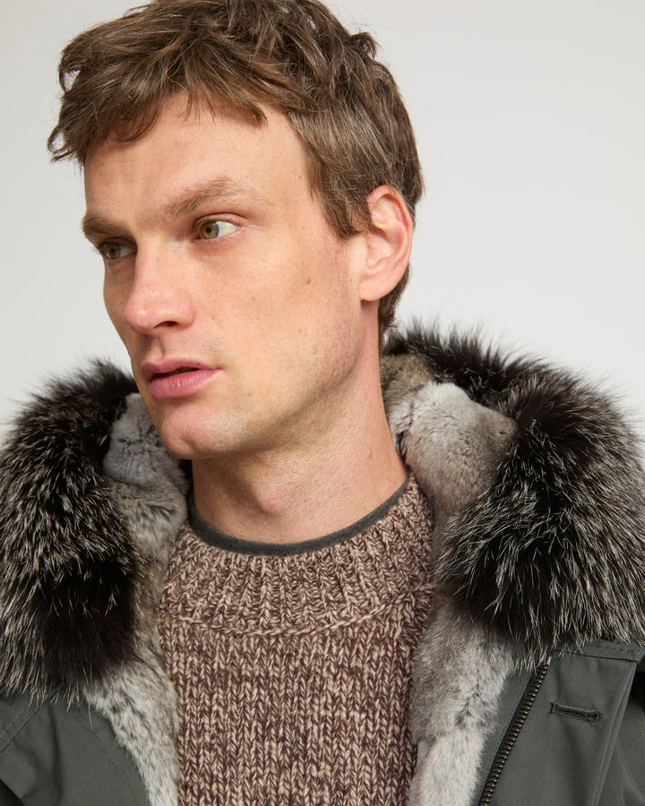 Short iconic parka in waterproof cotton blend with fox and rabbit fur