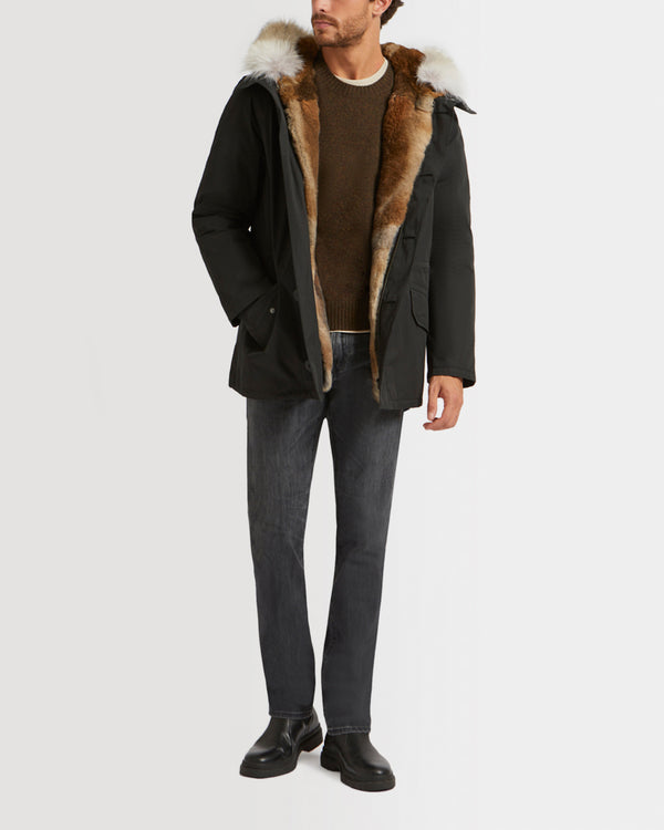 Parka iconique courte en coton technique avec fourrure de coyote et lapin
