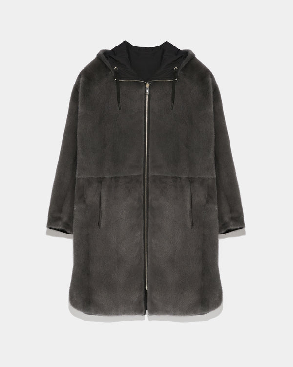 Manteau long réversible en fourrure de vison et tissu technique