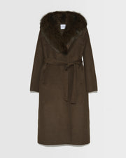 Manteau long en lainage cachemire et col en fourrure de renard