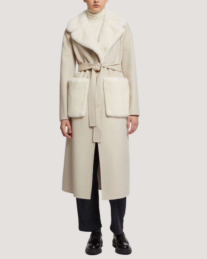 Belted cashmere wool coat with mink fur pockets and collar - beige/white