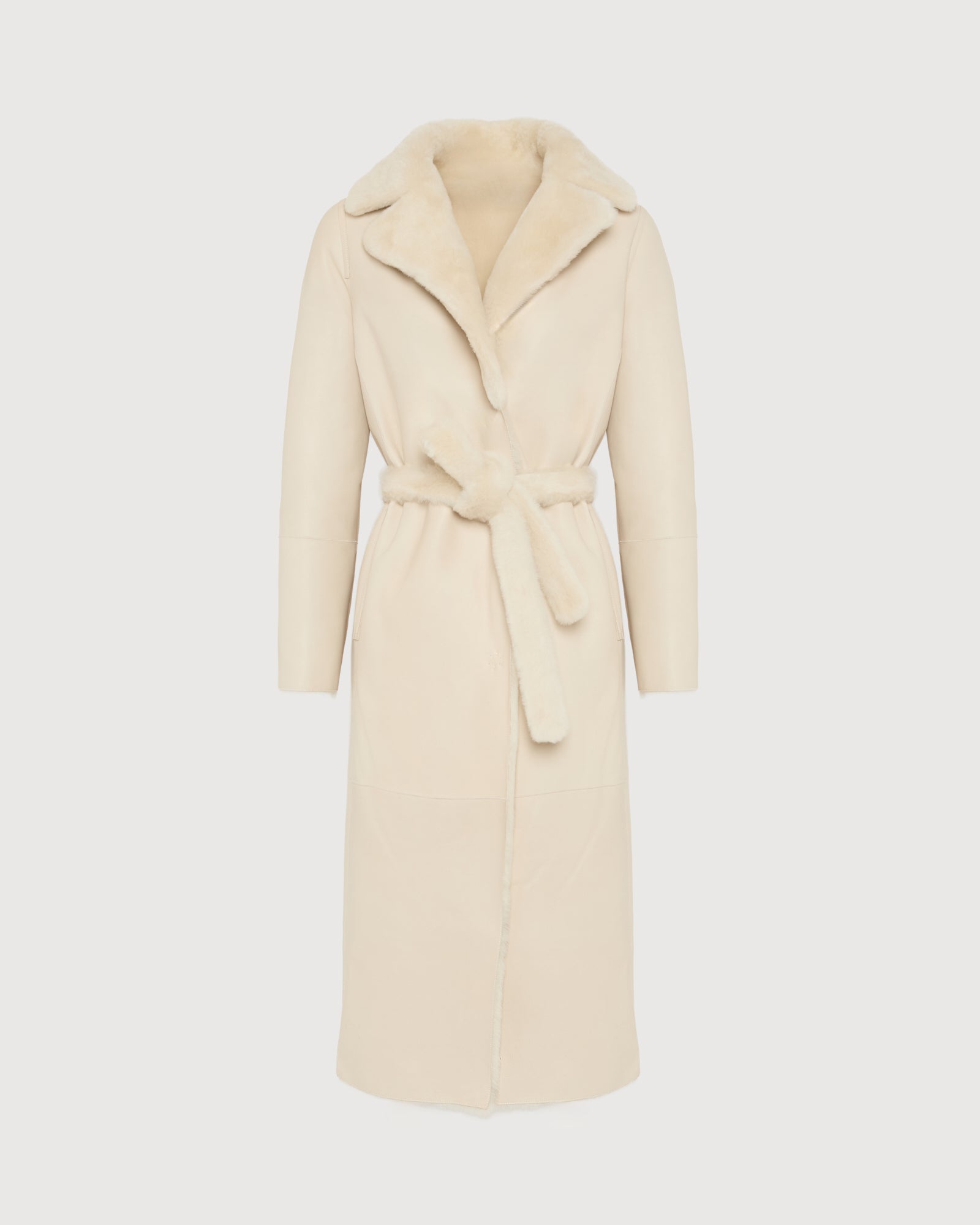 Manteau long ceinturé en peau lainée réversible -Yves Salomon