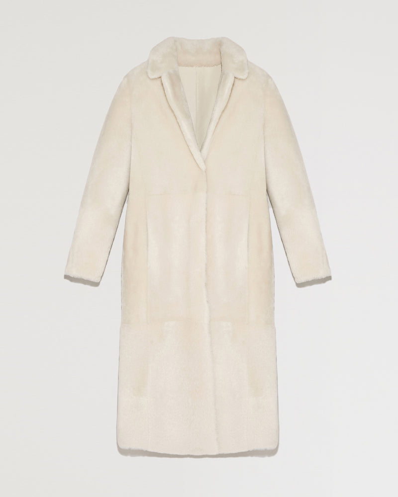 Long reversible belted shearling coat