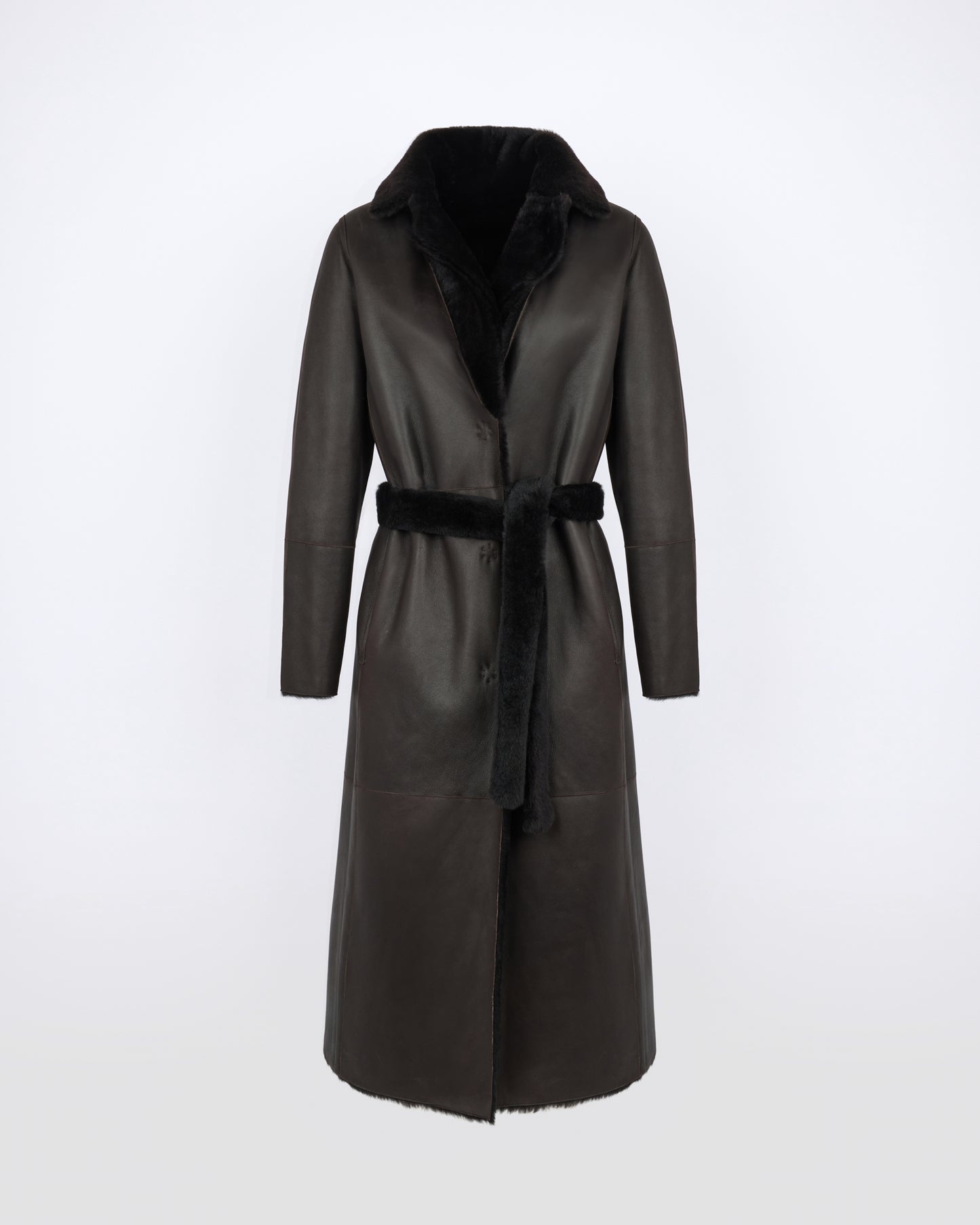 Manteau long ceinturé et réversible en peau lainée - Yves Salomon - Nouvelle collection Automne Hiver