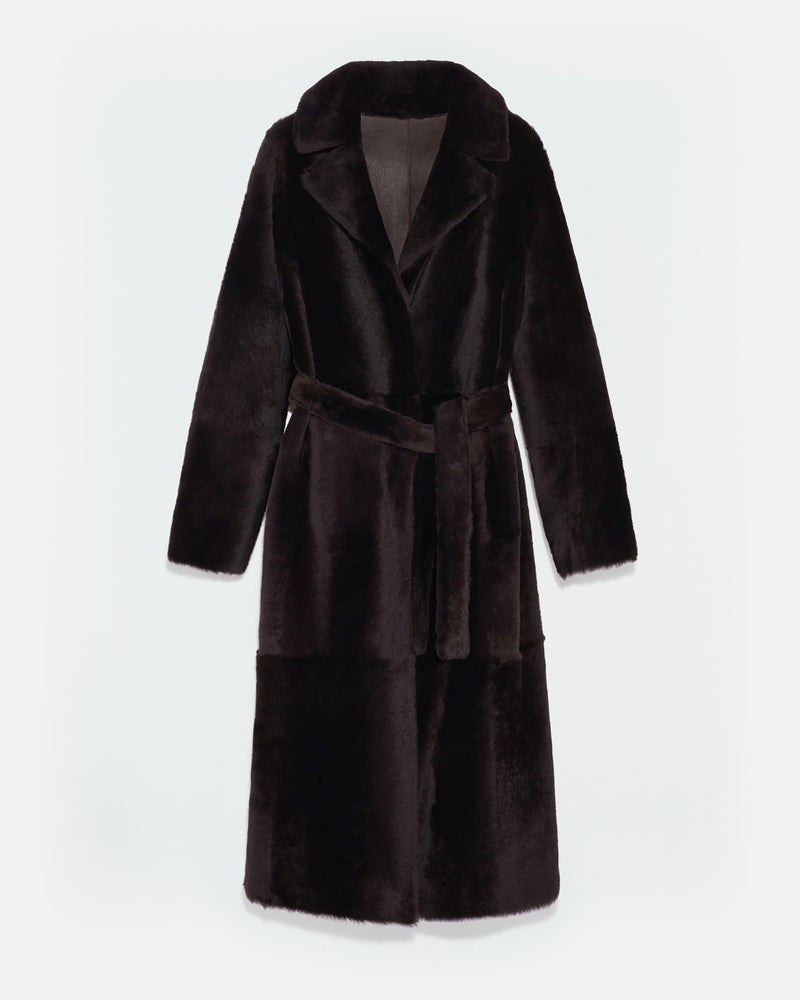 Long reversible belted shearling coat