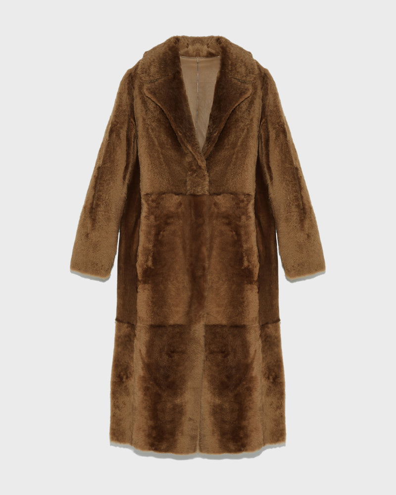 Long reversible belted shearling coat