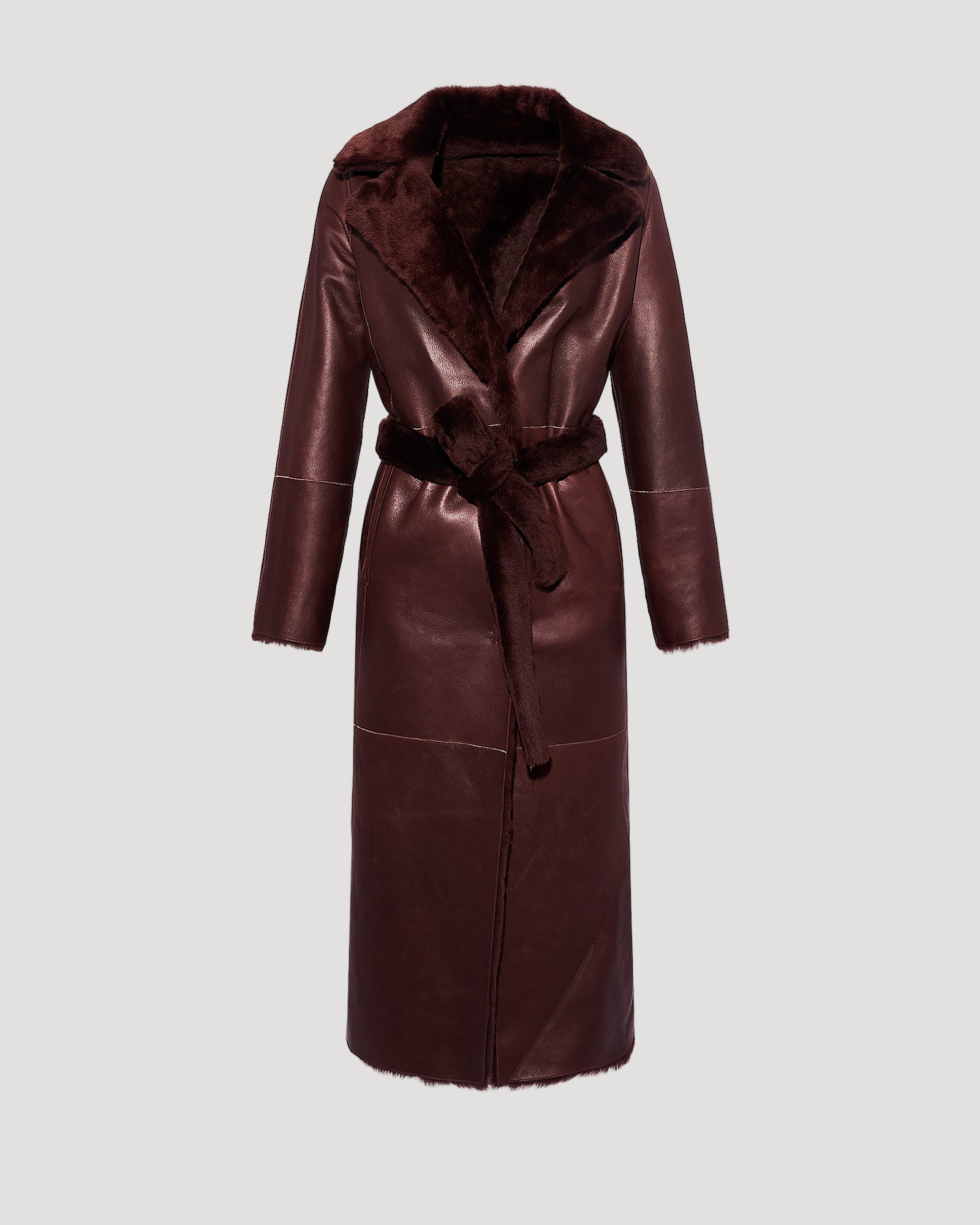 Manteau long ceinturé en peau lainée réversible -Yves Salomon