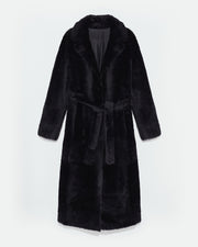 Manteau long ceinturé en peau lainée reversible
