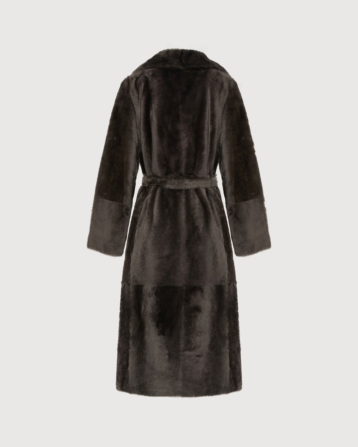 Long reversible belted shearling coat