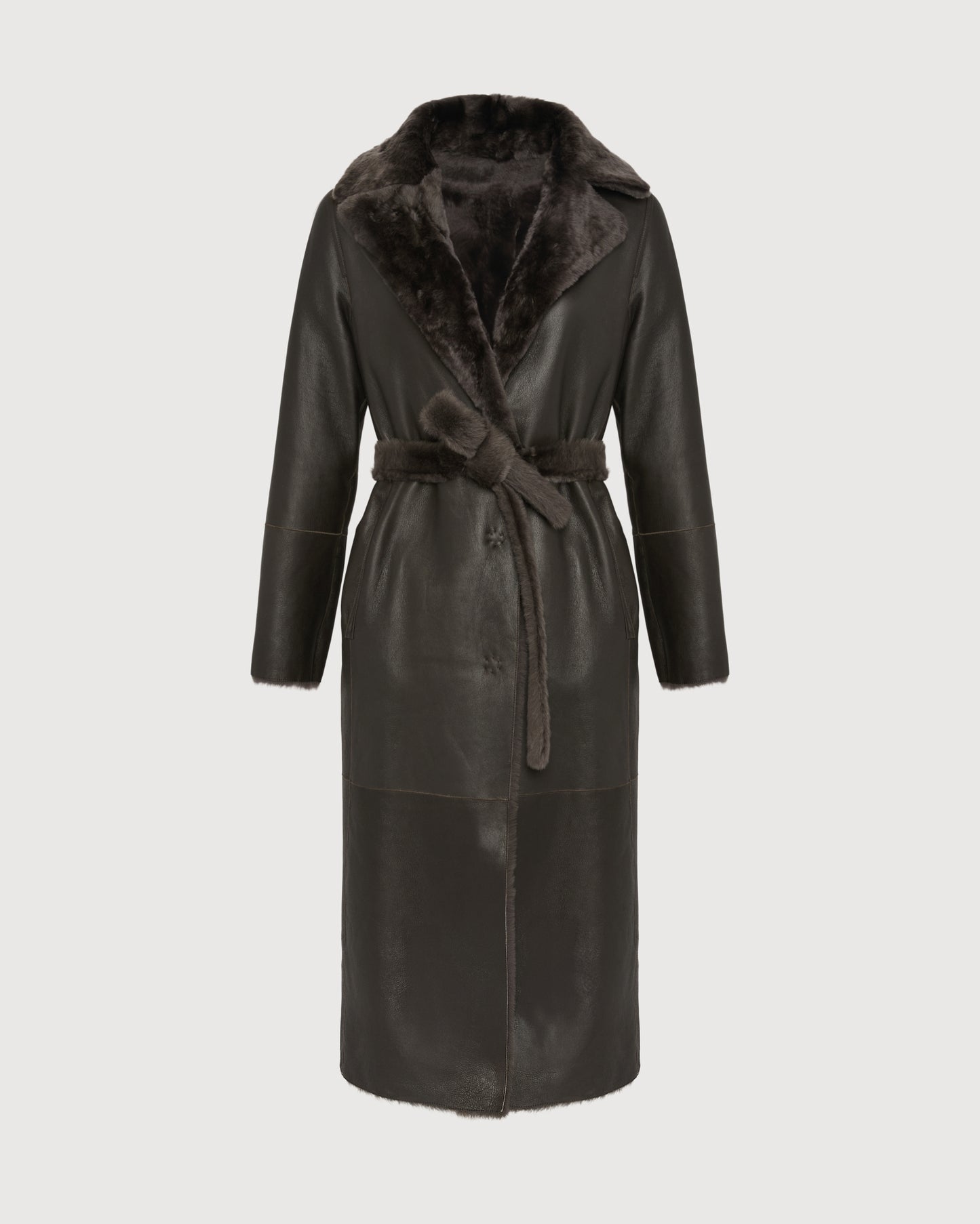 Long reversible belted shearling coat