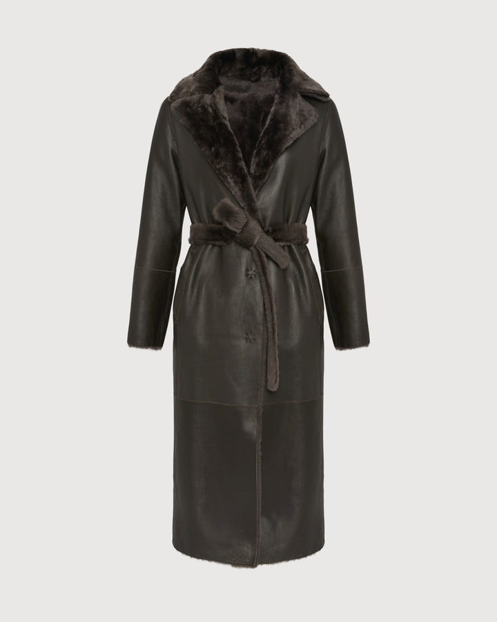 Long reversible belted shearling coat
