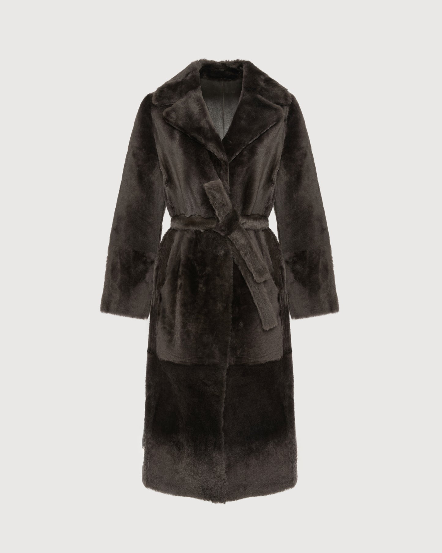 Long reversible belted shearling coat