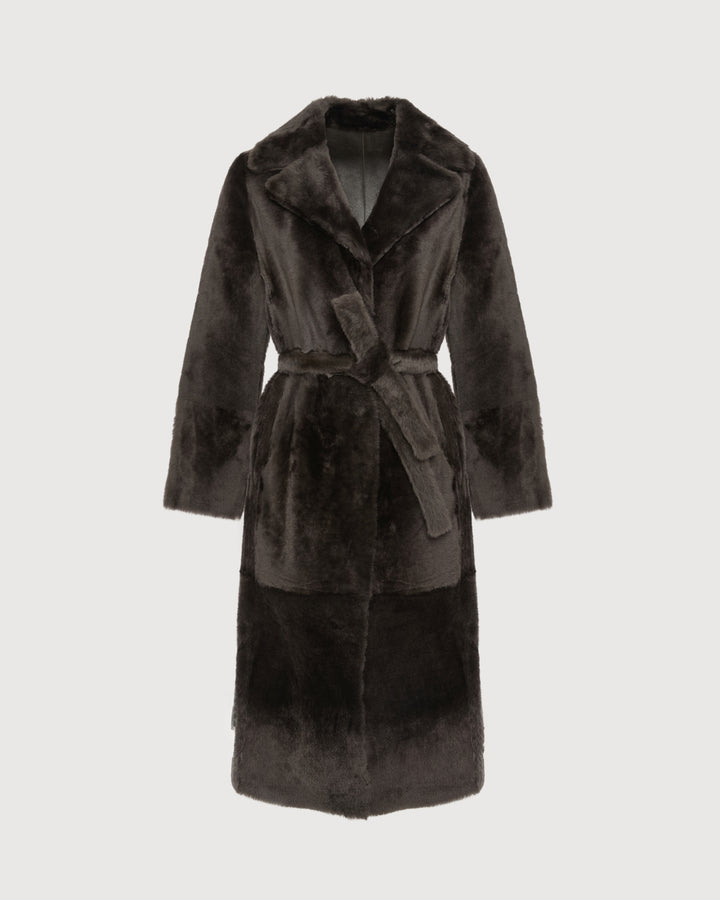 Long reversible belted shearling coat
