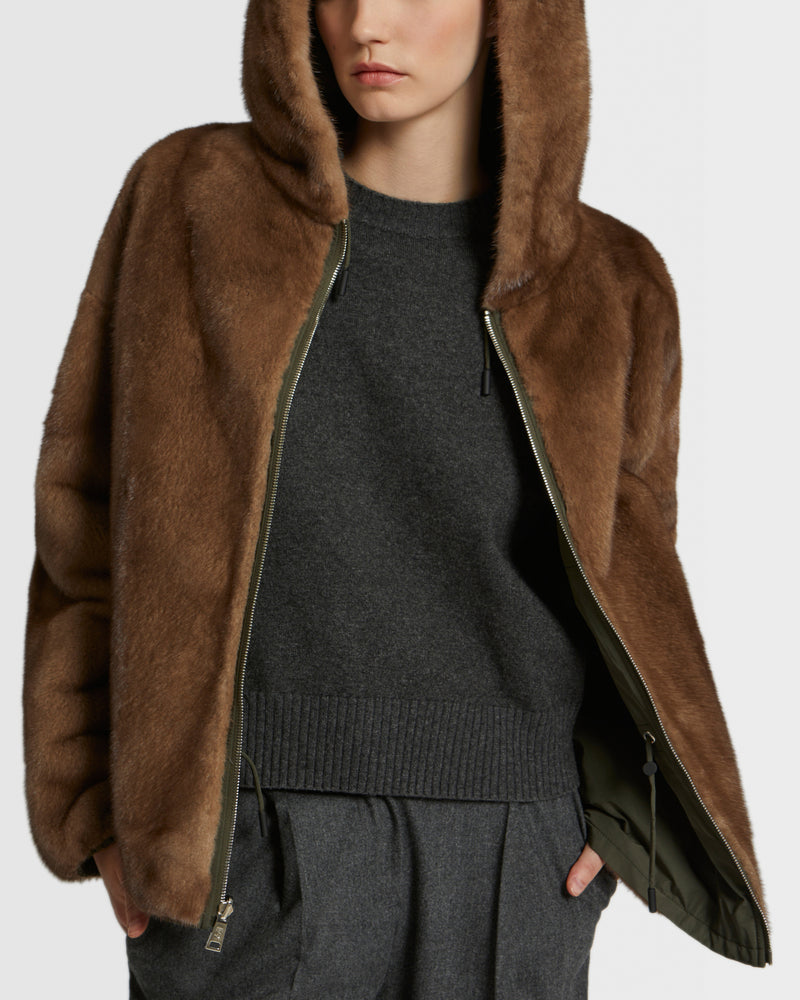 Short jacket in reversible technical fabric and mink fur