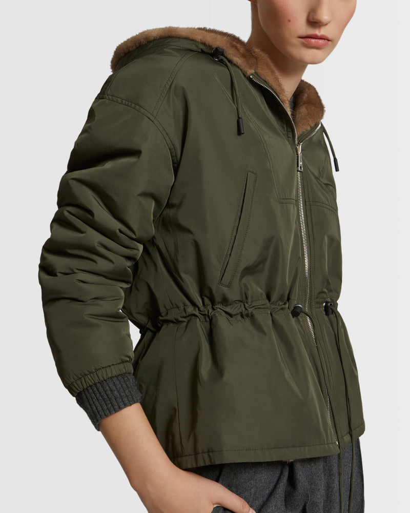Short jacket in reversible technical fabric and mink fur