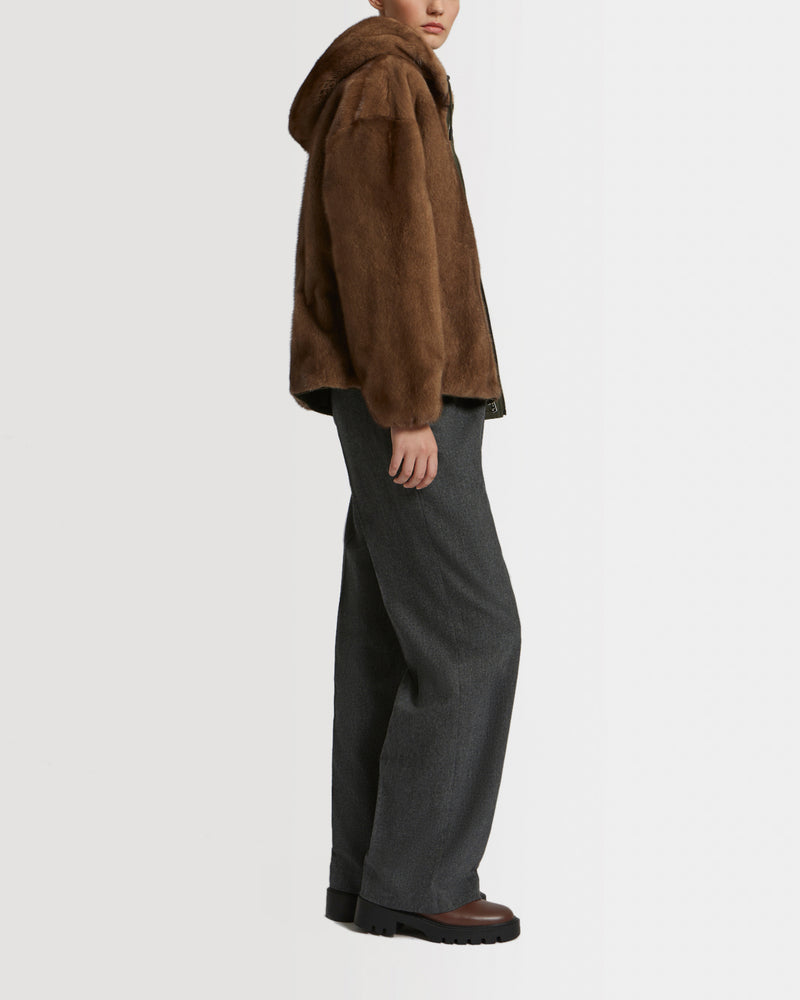 Short jacket in reversible technical fabric and mink fur