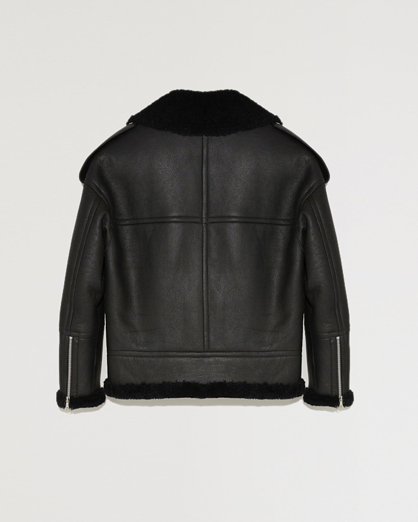 Leather biker jacket with curly merino lamb