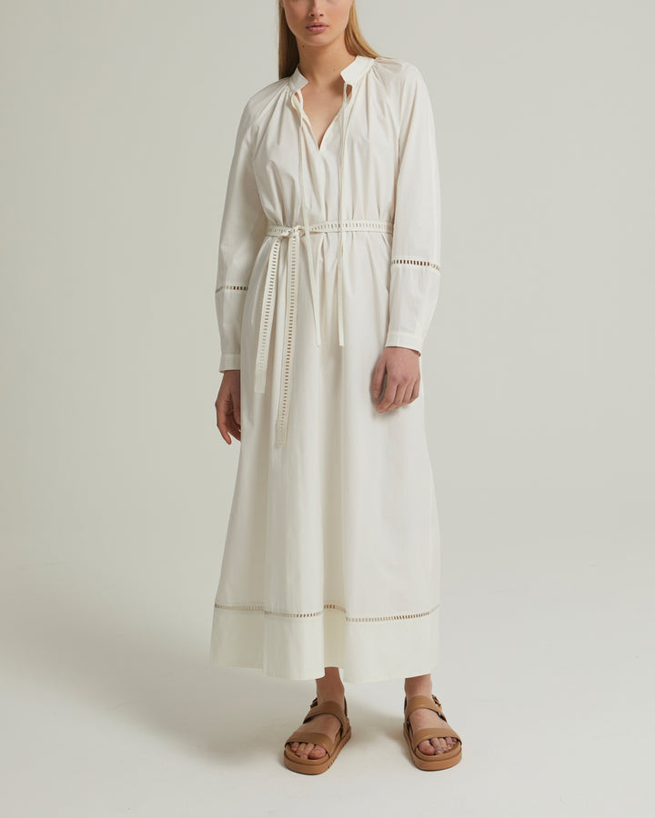 Flowing belted cotton dress with leather embroidery