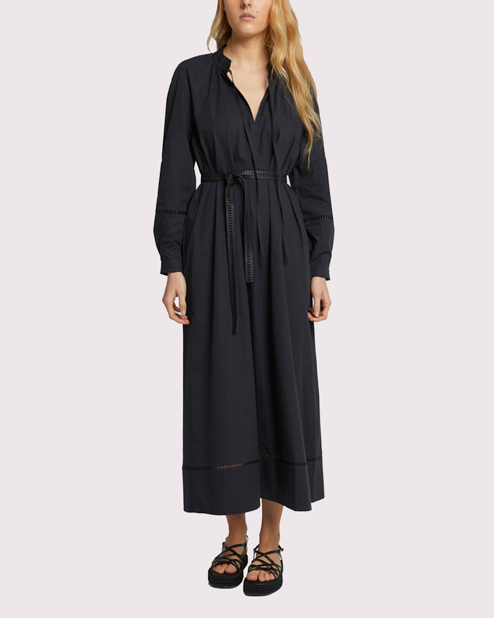 Flowing belted cotton dress with leather embroidery