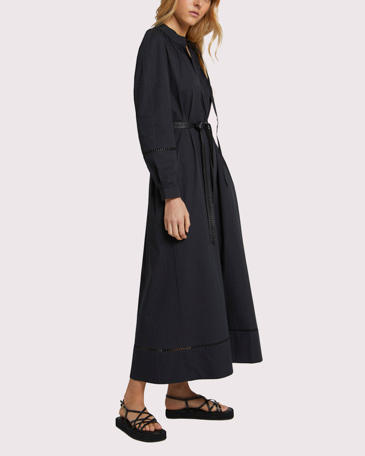 Flowing belted cotton dress with leather embroidery